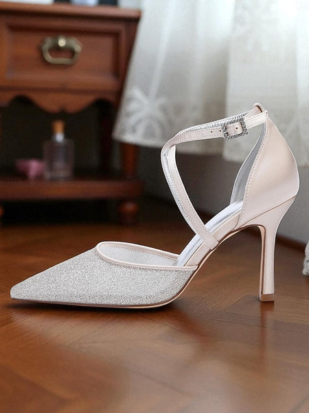 Women's Strap Ankle Silver Heels Elegant - Glitter Stiletto FashionChic