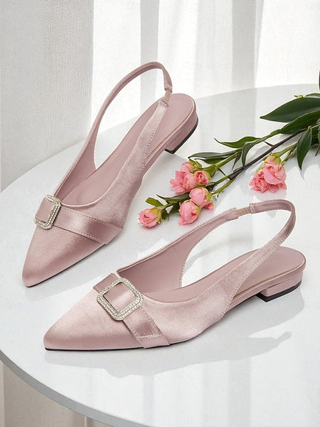 Women's Buckle Rhinestone Pink Slingback with Satin Flats FashionChic
