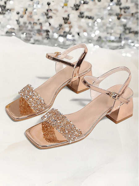 for Block Women Heel Wedding – Sandals Rhinestone Gold Elegant FashionChic