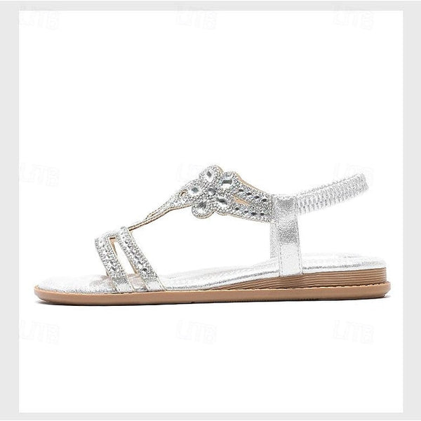 T-Strap Sandals Women's Silver Boho Rhinestone Flat – FashionChic
