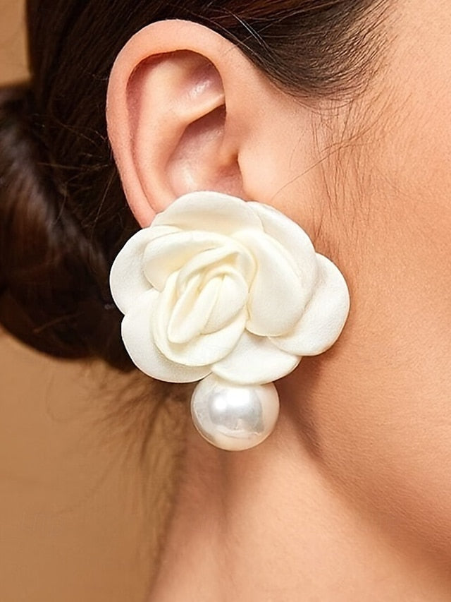Pearl Elegant Earrings Stud Flower with Faux Drop Women's FashionChic