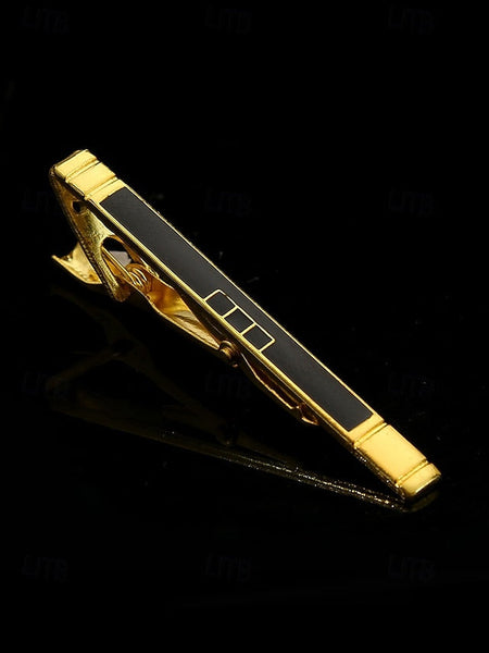 Tie Sleek Black – Clip Elegant Design Inlay for with Gold Men FashionChic