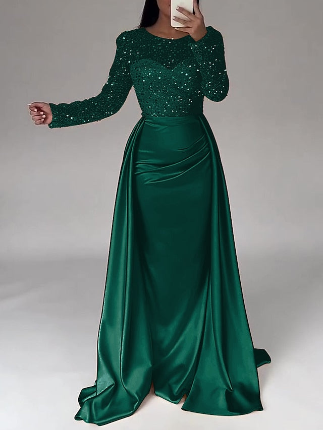 RuchedSatin Dress Sleeves Mermaid Gown Evening Sequin Long FashionChic