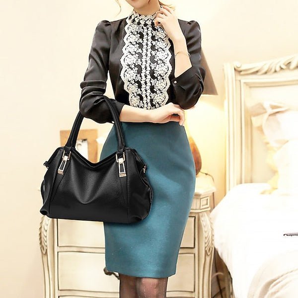 Handles Women’s and Top Faux with Handbag Black Leather FashionChic