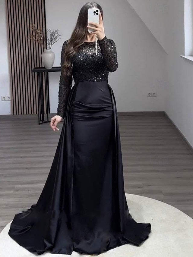 RuchedSatin Dress Sleeves Mermaid Gown Evening Sequin Long FashionChic