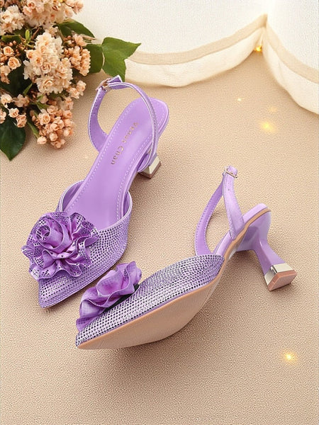 Women's Floral Heels Purple Slingback with Rhinestone FashionChic