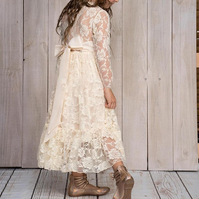 Girl Flower Colored Dress Girls' Long Kids Solid FashionChic