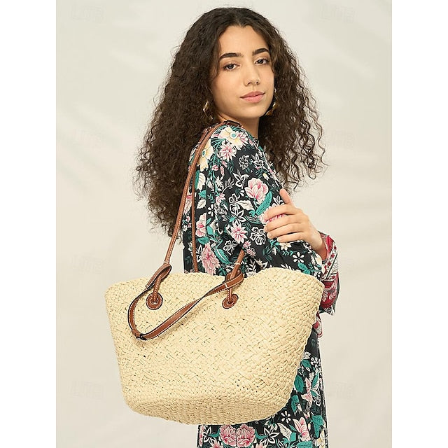 Tote Boho Leather Straps Women's Large Bag Chic Straw with FashionChic