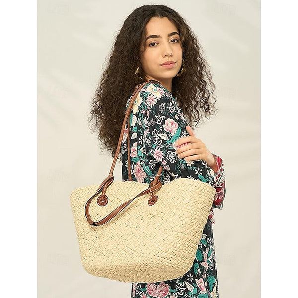 Chic Large Bag Straw Tote with Straps Women's Leather Boho FashionChic