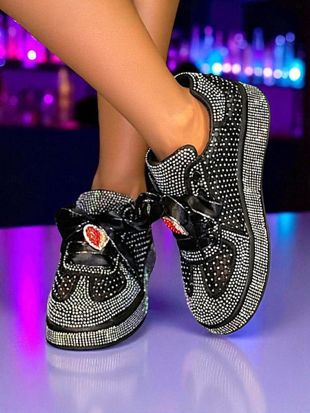 with Satin Laces Rhinestone Women's Sneakers Ribbon White FashionChic