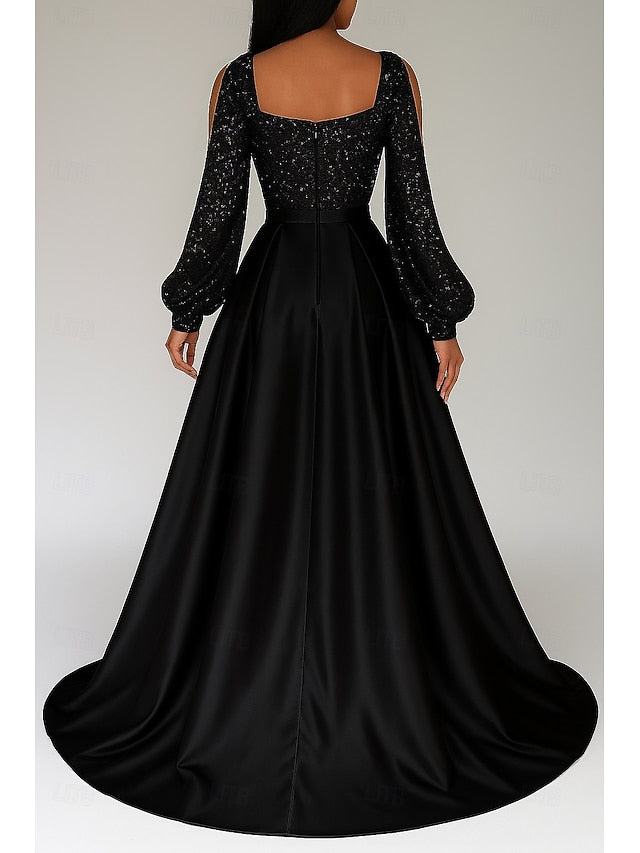 Elegant Evening Gown Black A-Line Sequined Red Dress Formal FashionChic