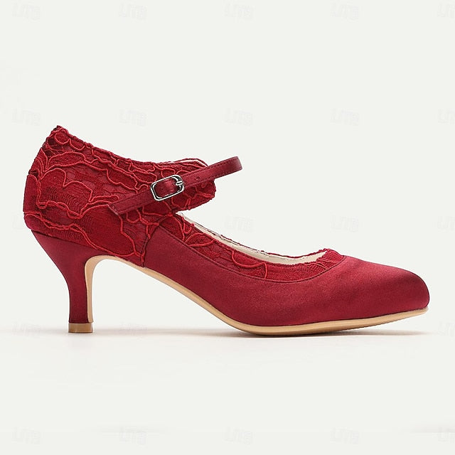 Heels Mid-Heel Satin Women's Lace - Elegant Comfortable Red FashionChic