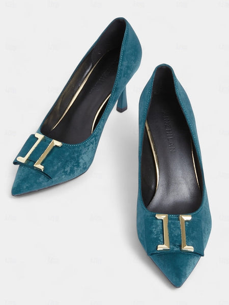 Teal Elegant Pointed - Heel Women's Pumps Toe Velvet Kitten FashionChic