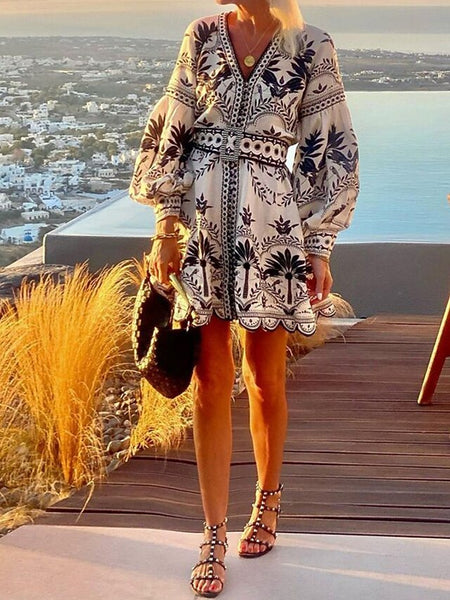 Women's Floral V Neck Mini Dress Long Sleeve Summer Spring FashionChic