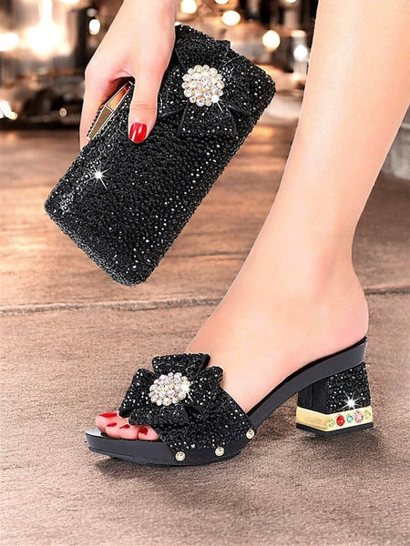 Clutch Heel Sparkling Bow Matching High with Sandals Rhinestone FashionChic