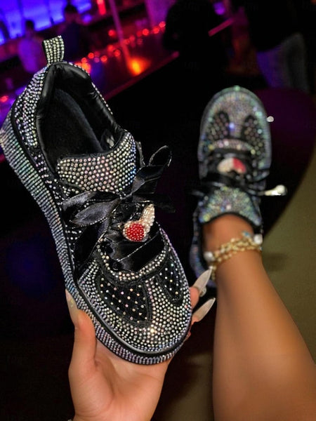 with Satin Laces Rhinestone Women's Sneakers Ribbon White FashionChic