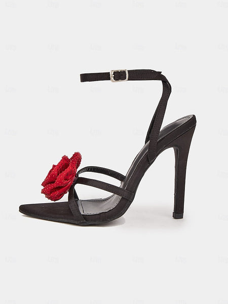 - with Chic Heel Embellishments Black Red Sandals High Floral FashionChic