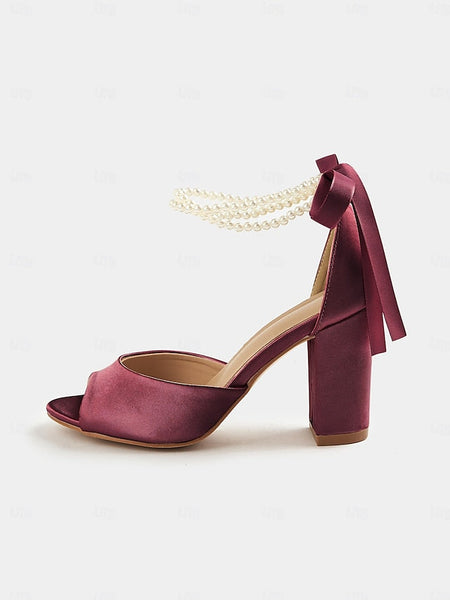 Peep-Toe Sandals Heel Pearl Satin Block Ankle Women's with FashionChic