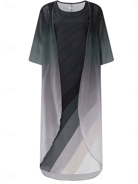 Women's Ombre Crew Neck Long Dress Maxi Dress 3/4 Length
