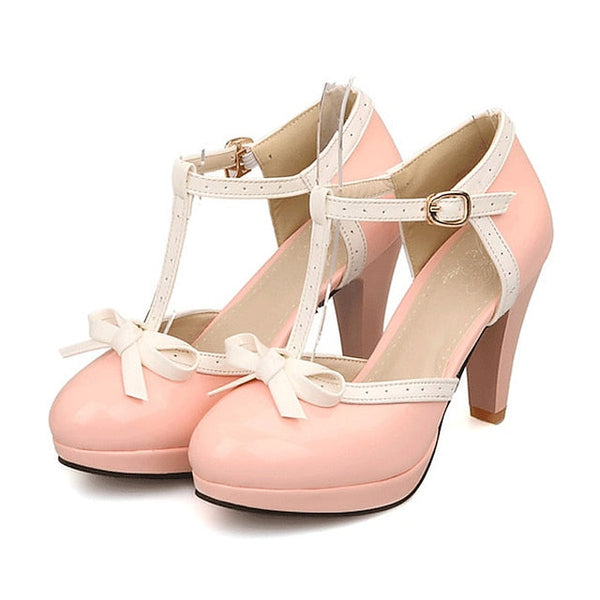 High T-Strap Patent Heels Women's Black White Leather with FashionChic