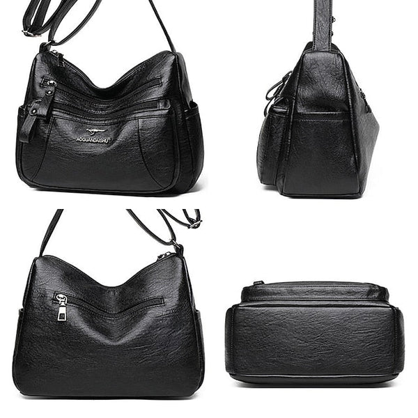 Shoulder Women's Bag Leather Black – Faux Multi-Pocket FashionChic