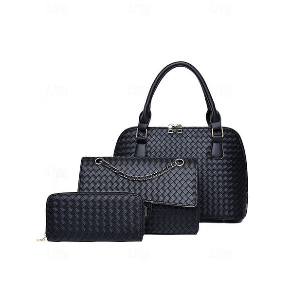Handbag Set Brown Leather Women's Woven – 3-Piece Faux FashionChic