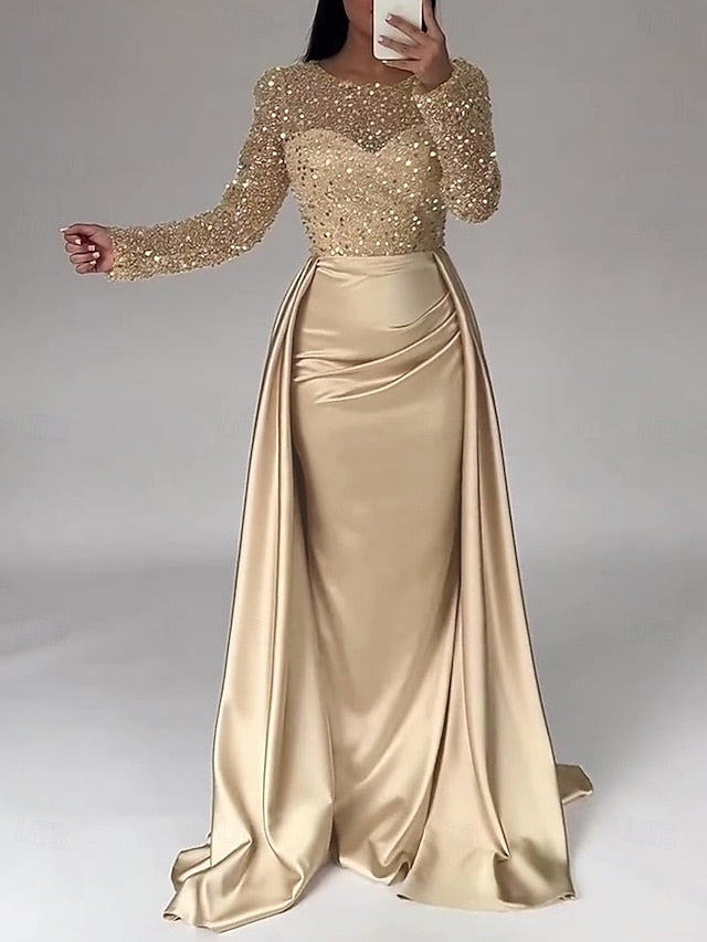 RuchedSatin Dress Sleeves Mermaid Gown Evening Sequin Long FashionChic