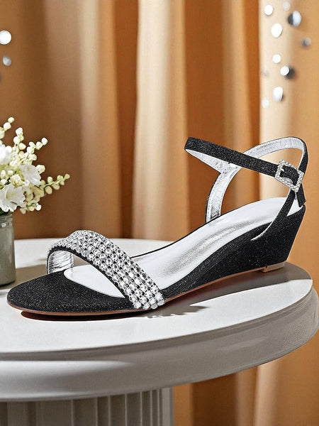 - Women's Champagne Rhinestone Sandals Open Toe Wedge FashionChic