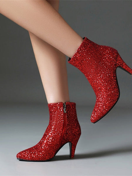 High Ankle Sparkly – Red Glitter Women's Heel Boots FashionChic
