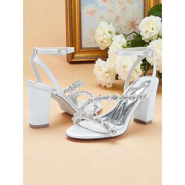 White Women's with Straps Sandals Rhinestone - Block Heel FashionChic