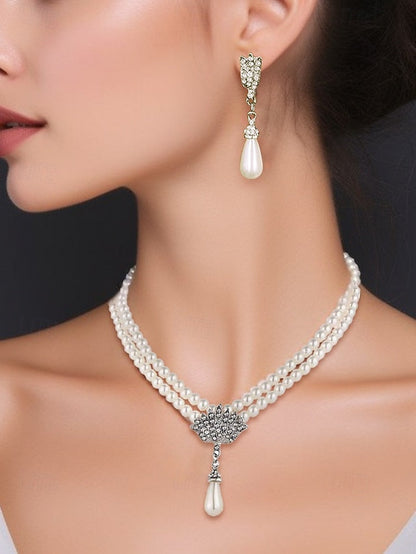 Elegant – Set Pearl Double-Layer Necklace Jewelry Bridal FashionChic