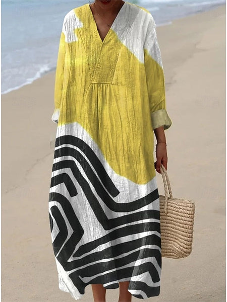 Women's Midi Dress V Neck Long Sleeve Kaftan Lightweight FashionChic