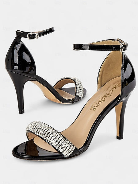 Black Heel High Patent Rhinestone Sandals Leather with FashionChic