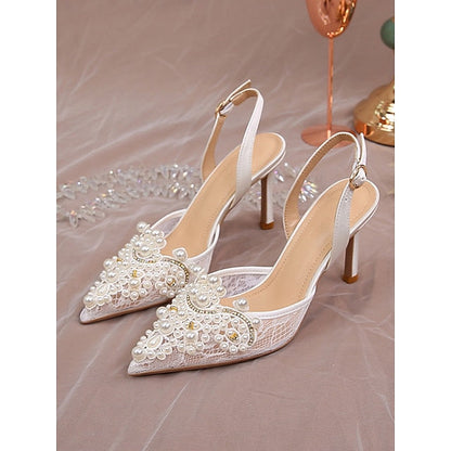Pearl-Embellished with Slingback Kitten White Pointed-Toe Heel FashionChic