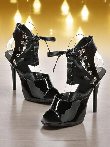 Patent Stiletto Lace-Up Cutout Women's Sandals - Sexy Black FashionChic