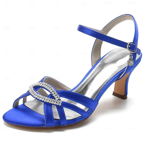 Women's Satin Dark Blue Heels Strappy with Rhinestone FashionChic