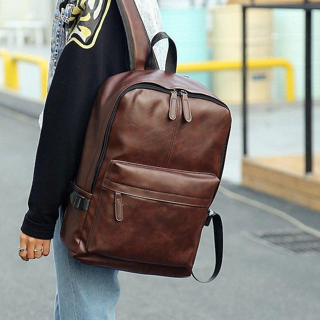 with Leather Backpack Black Faux Front Zipper Men's Pocket FashionChic