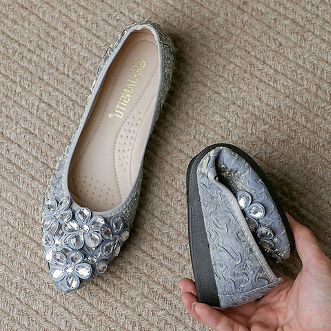 Crystal Flats Embellished Women's Wedding Floral Foldable - FashionChic