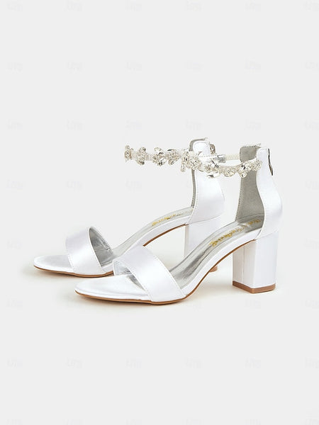 Sandals Floral Ankle Strap with Block Satin White Bridal Heel FashionChic
