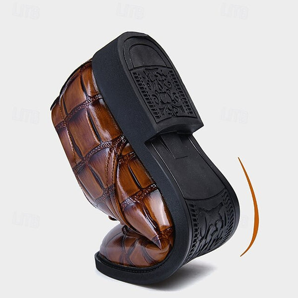 Shoes Dress Leather Brown Crocodile-Pattern Men's FashionChic
