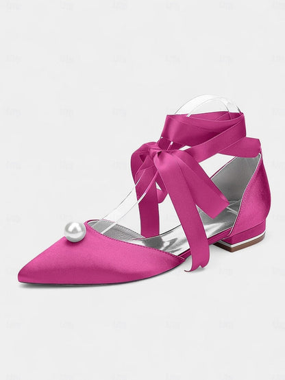 Women's Pearl Navy Toe - Satin Pointed Flats Embellished FashionChic