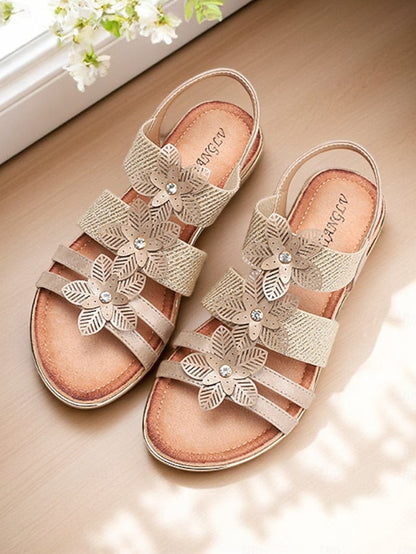 Sandals Women's Rhinestone Floral – Flat Elegant Beige FashionChic