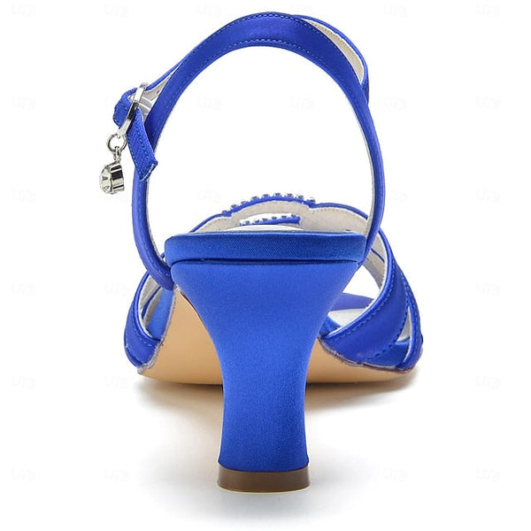 Women's Satin Dark Blue Heels Strappy with Rhinestone FashionChic