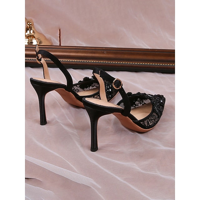 Pearl-Embellished with Slingback Kitten White Pointed-Toe Heel FashionChic