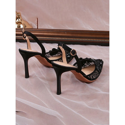 Pearl-Embellished with Slingback Kitten White Pointed-Toe Heel FashionChic