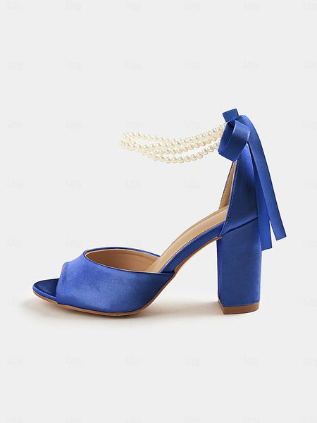 Peep-Toe Sandals Heel Pearl Satin Block Ankle Women's with FashionChic