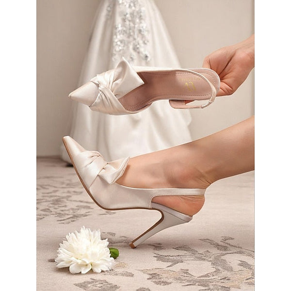 - Pink Satin Heels with Oversized Slingback Bow Women's FashionChic