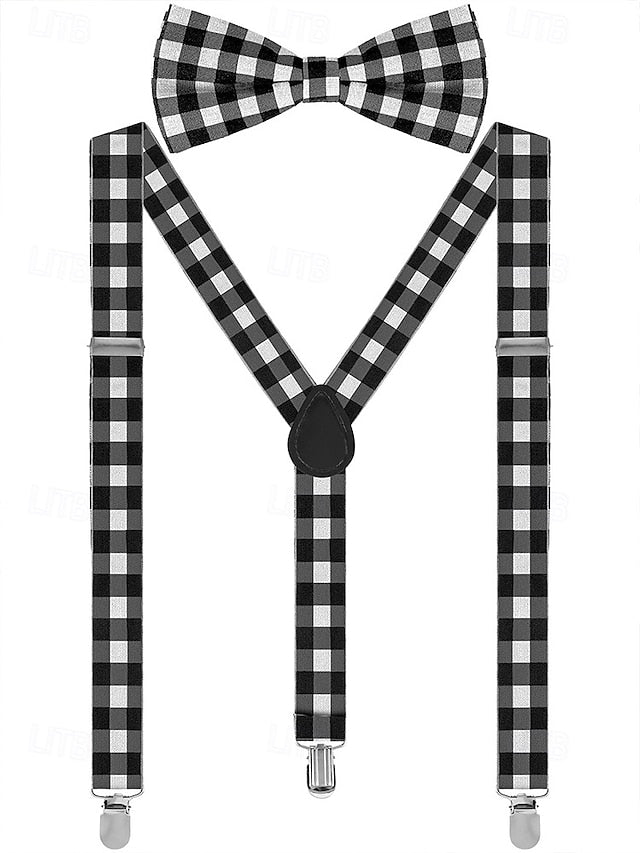 Men's Set Tie Plaid and Adjustable Suspender Bow Christmas FashionChic