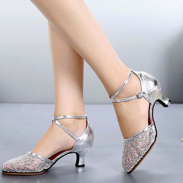 Low Women's Shoes – Mesh Heel Latin Dance Lace Silver FashionChic