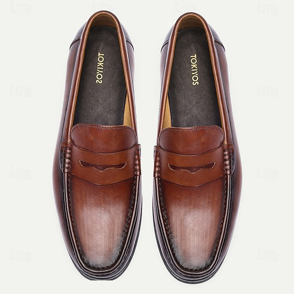 Leather Shoes Brown Loafers Slip-On Penny with Men's FashionChic